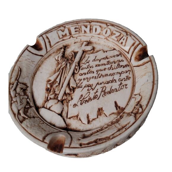 Vintage Small Etched Latin Jesus Christian Mendoza Cigarette Ashtray - Picture 1 of 9